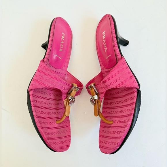 Prada Pink Logo Kitten Heel Slide Canvas Thong Sandals Vintage EU40 - Picture 3 of 9
